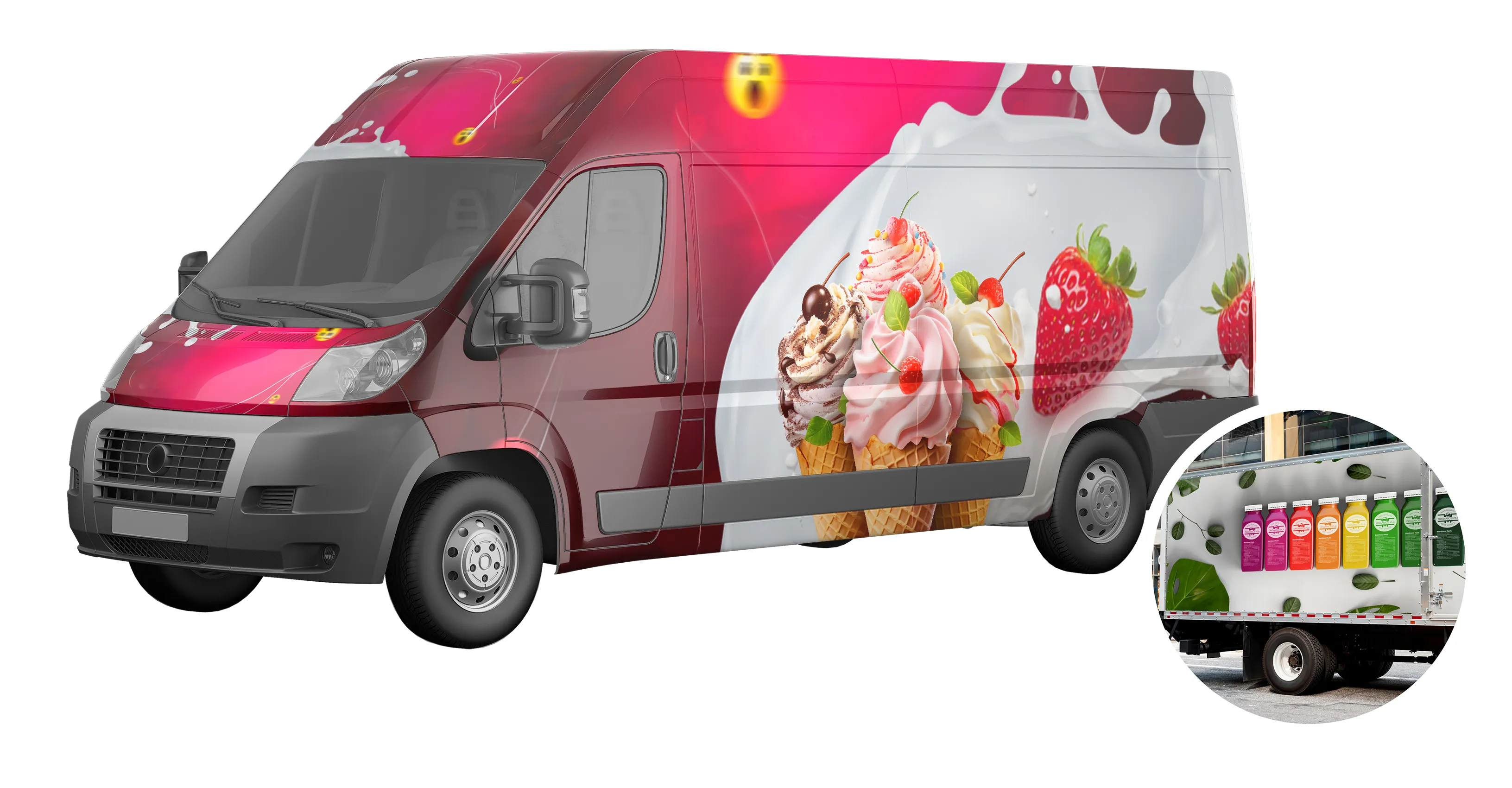 A pink van wrapped with sticker graphics